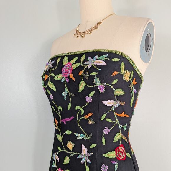 Vintage Sean Collection Prom Dress Maxi Gown L Black Floral Y2K Silk Feminine - Picture 6 of 11